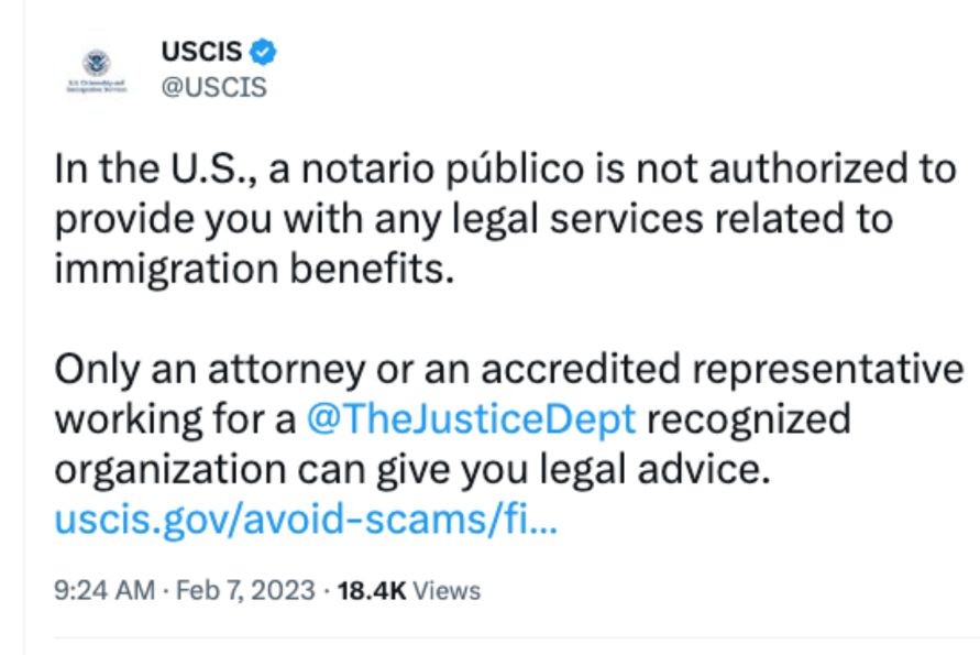 a Notario publico is not authorized to provide immigration advice in the United States.  They are not authorized representatives for immigration purposes.  Avoid Scams and fraud by Notario Publico.