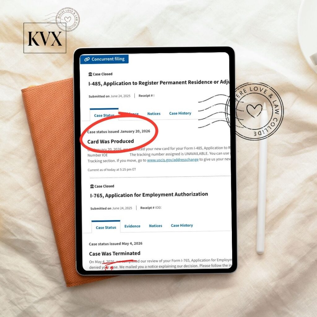 I-485 adjustment of status approved January 2026, I-765 work permit terminated May 2026, KVisaXpress immigration attorney Chelsea Walker